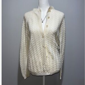 Vtg Cream Eyelet Knit Crew Cardigan